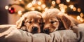 Two puppies are sleeping on a pillow in front of a christmas tree. Generative AI image. Royalty Free Stock Photo