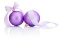 Two purple christmas balls with ribbon bow Isolated on white Royalty Free Stock Photo