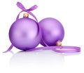 Two purple Christmas Bauble with ribbon bow on white Royalty Free Stock Photo