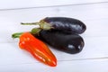 Two purple eggplants and bulgarian pepper on white wooden background Royalty Free Stock Photo