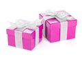 Two purple gift boxes with silver ribbon and bow Royalty Free Stock Photo