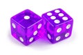 Two purple glass dice, macro photography. Isolated on white with light shadow. The result is one and six. Royalty Free Stock Photo