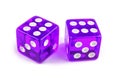 Two purple glass dice. Isolated on white with light shadow. The result is six and six. Royalty Free Stock Photo