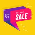 Two purple ribbons with 30% off discount sale banner template design. Sale special offer. Yellow background purple special offer