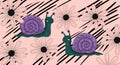 Two purple rose snails adorned on a delicate floral pink background pattern Royalty Free Stock Photo
