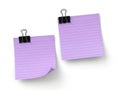 Two purple sticky notes with black clips isolated on white background Royalty Free Stock Photo