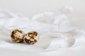 Two quail eggs on a background of white ribbons Royalty Free Stock Photo