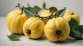 Two quinces close-up on a white.