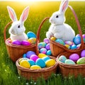 Two Rabbits In A Basket Of Easter Eggs