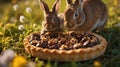 Two Adorable Baby Bunnies Eyeing a Delicious Chocolate and Walnut Tart in a Meadow Royalty Free Stock Photo