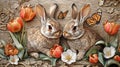 Adorable Bunnies with Tulips and Butterflies on Wood Texture Background Royalty Free Stock Photo