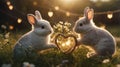 Two Adorable Bunnies Sharing a Heart at Sunset Royalty Free Stock Photo