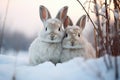 two rabbits huddling closely on a snowy field
