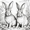 Two rabbits in the nature, coloring page, coloring book, AI generated image