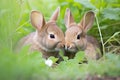 two rabbits nudging each other away from a patch of clover Royalty Free Stock Photo