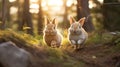 Two rabbits running through the woods at sunset, AI Royalty Free Stock Photo