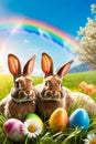 Two rabbits sit in grassy field next to some eggs and tree. Generative AI Royalty Free Stock Photo