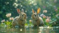 Two Rabbits Sitting in Water With Flowers Background Royalty Free Stock Photo