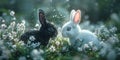 Two Rabbits Sitting in Field of Flowers Royalty Free Stock Photo
