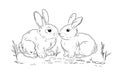 Two rabbits are sitting opposite each other. A set with cute rabbits on the grass, hand-drawn in the style of a doodle Royalty Free Stock Photo