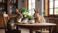 Two rabbits sitting at a table with teacups in a cozy interior setting. Royalty Free Stock Photo