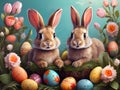 Two Rabbits Sitting Together in Basket, Adorable Pets, Bunny Friends in Cozy Space Created With Generative AI Technology