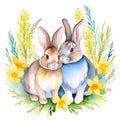 two rabbits among yellow flowers against white background, watercolor illustration. concepts: Easter celebrations Royalty Free Stock Photo