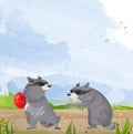 Two Raccoons Vector. Cute animals fighting for food cartoon illustrations