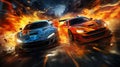 Two race cars driving through the fiery landscape, AI-generated.