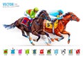 Two racing horses competing with each other. Hippodrome. Racetrack. Derby. Jockey uniform. Isolated on white background