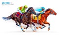 Two racing horses competing with each other. Hippodrome. Racetrack. Equestrian. Derby. Speed. Sport. Champion. Isolated