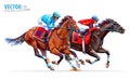 Two racing horses competing with each other. Sport. Champion. Hippodrome. Racetrack. Equestrian. Derby. Speed. Isolated Royalty Free Stock Photo