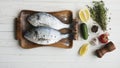 Two rainbow trout on a board, with herbs , ready for cooking. Royalty Free Stock Photo