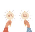 Two raised up arms holding signs with Yes and No caption. Choice concept. Vote icons. Businessman hand holding plates Royalty Free Stock Photo