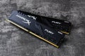 Two ram memory modules Kingston HyperX Fury DDR4 on a dark background. Modern desktop computer hardware components for pc build