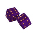 Two randomly rotated dark purple dice with gold embossed dots. Isolated on white background. 3d render Royalty Free Stock Photo