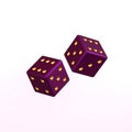 Two randomly rotated dark purple dice with gold embossed dots. Isolated on white background. 3d render Royalty Free Stock Photo