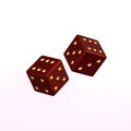 Two randomly rotated dark red dice with gold embossed dots. Isolated on white background. 3d render Royalty Free Stock Photo