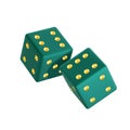 Two randomly rotated dark turquoise dice with gold embossed dots. Isolated on white background. 3d render Royalty Free Stock Photo