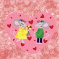 Two rats or mouses in love, mouse man give flowers mouse lady, hearts on background. Cartoon style digital drawing for calendar