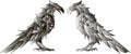 Two ravens of the god Odin Hugin and Munin drawn in the Scandinavian style