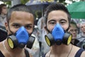 Two Ravers with gasmasks at the Streetparade in ZÃÂ¼rich