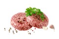 Two raw beef cutlet patty of minced meat for burger or sandwich or dinner dish closeup