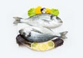 Two raw fresh dorado fish with spices and lemon on a white table. Royalty Free Stock Photo