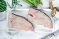Two raw halibut steaks Royalty Free Stock Photo