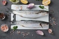 Two raw mullet with ingredients and seasonings on white plastic board on dark background. Top view Royalty Free Stock Photo