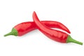 two raw red hot chilli peppers on white background, isolated, clipping path, full depth of field Royalty Free Stock Photo