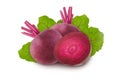 Two raw ripe red beets and a slice isolated on a white background with green leaves.