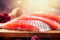 Two Raw Salmons on Cutting Board With Lemons and Parsley