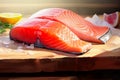 Two Raw Salmons on Cutting Board With Lemons and Parsley